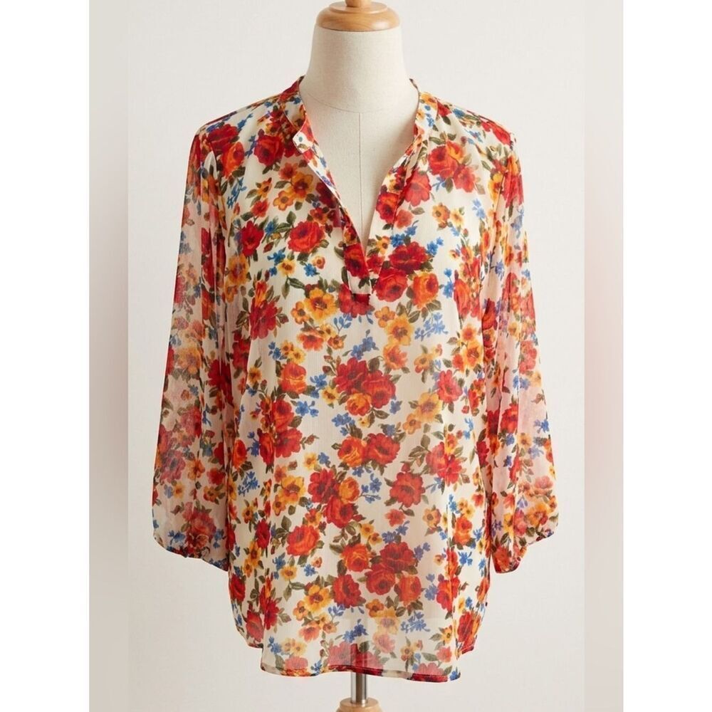 Alice Blue Womens Romantic Floral Casual Chic Flowy Sheer Tunic Top Lightweight